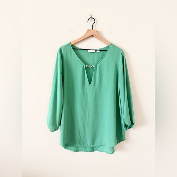 New York & Co Sheer Long Sleeve Blouse with Silver Chain Detail in Green - XL - Picture 1 of 6